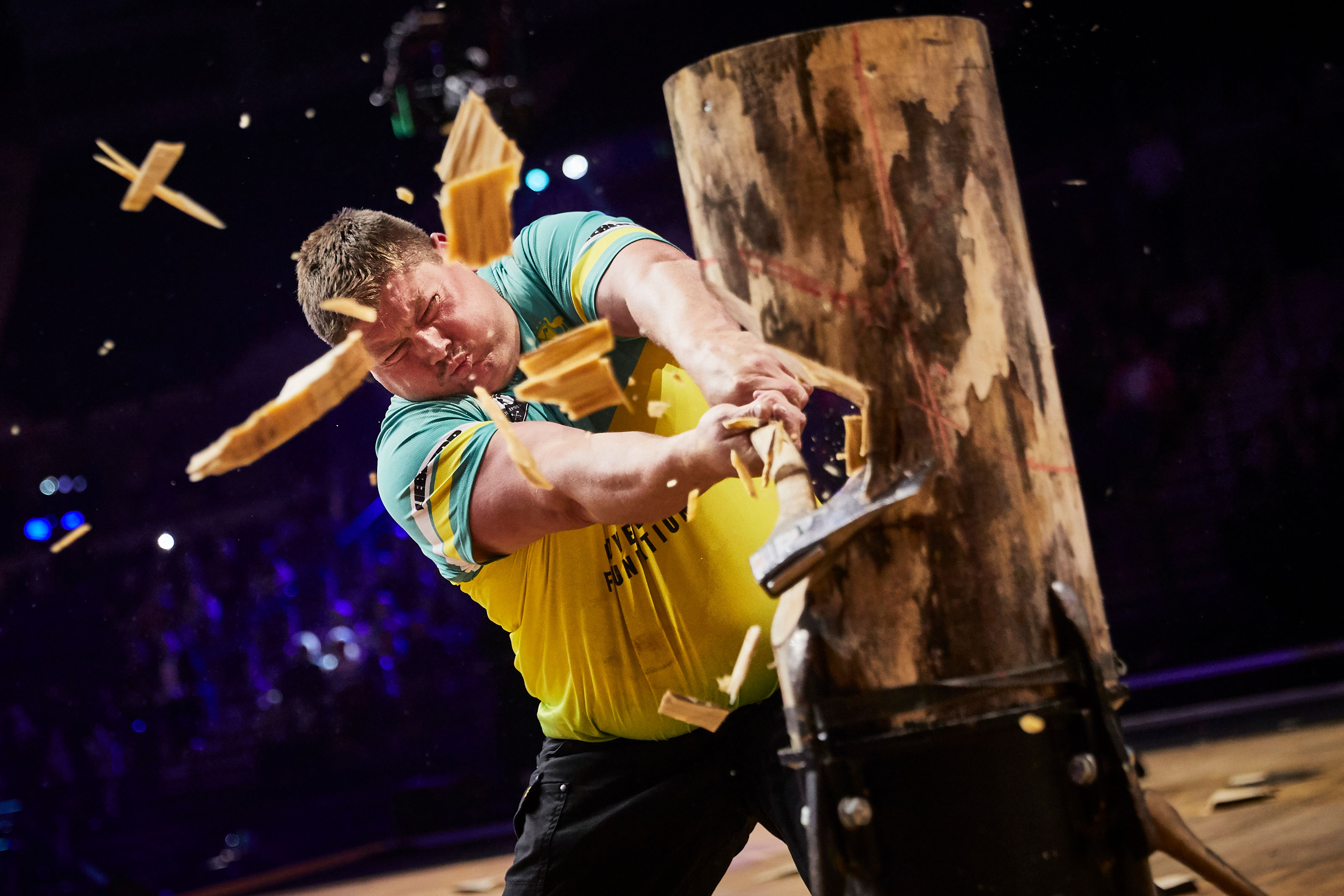 STIHL TIMBERSPORTS® athlete Glen Gillam at the 2018 Team World Championship in Liverpool during the Standing Block.