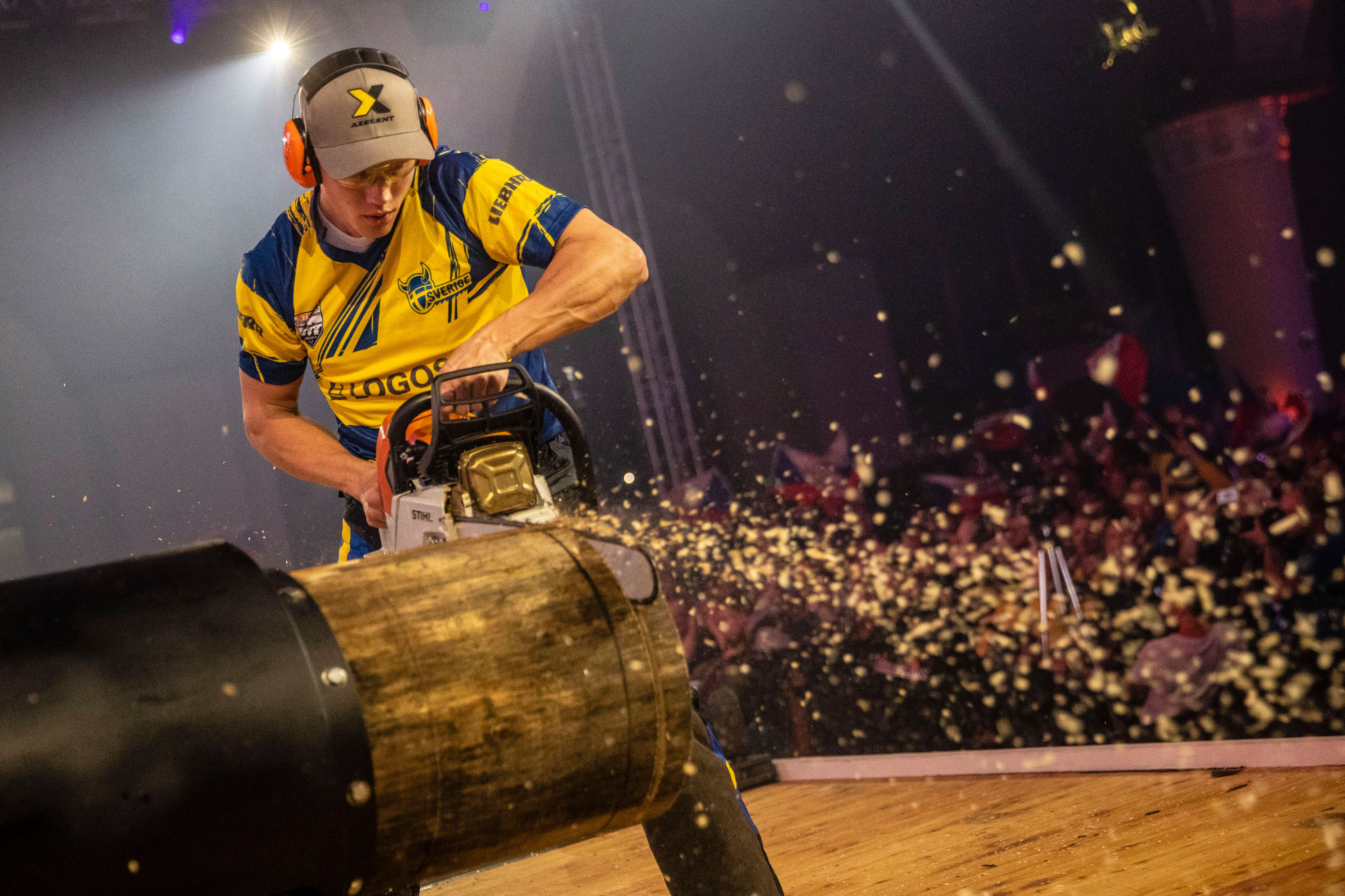 STIHL TIMBERSPORTS® athlete Ferry Svan from Sweden at the 2019 Individual World Championship in Prague during the Stock Saw discipline.