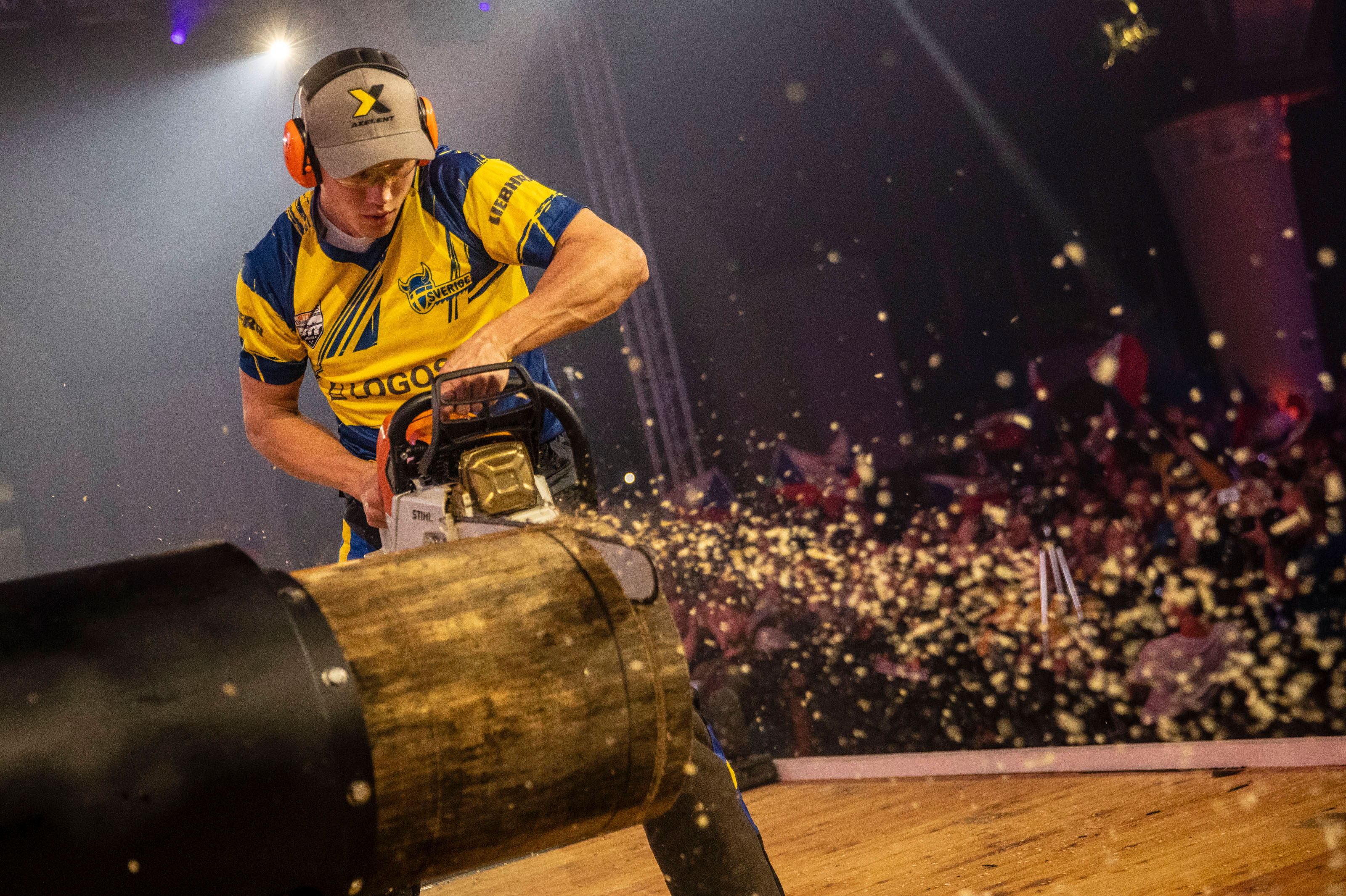 STIHL TIMBERSPORTS® Athlet Ferry Svan aus Schweden bei der Einzel-Weltmeisterschaft 2019 in Prag an der Stock Saw