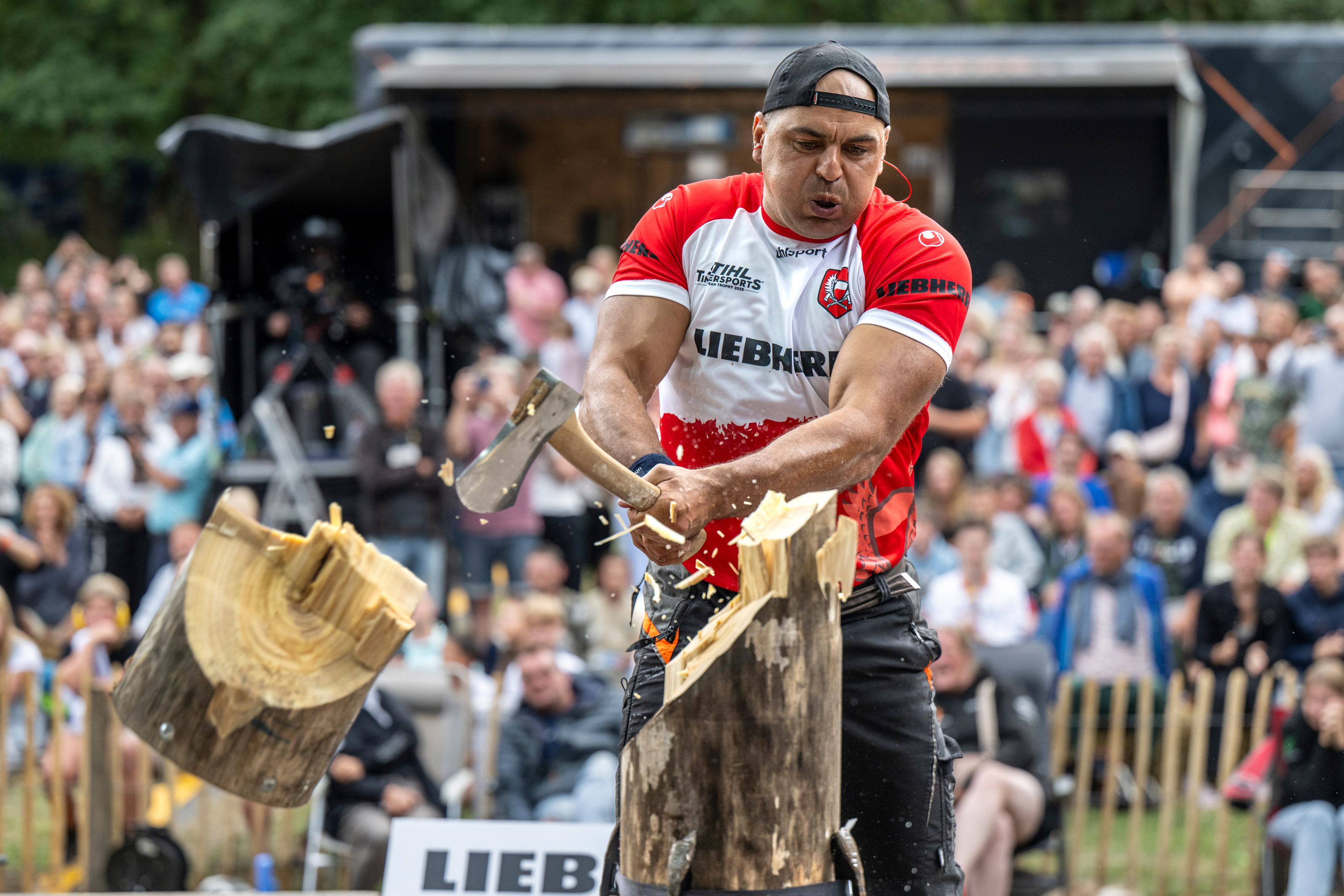 Polish athlete Michal Dubicki performing the Standing Block Chop.