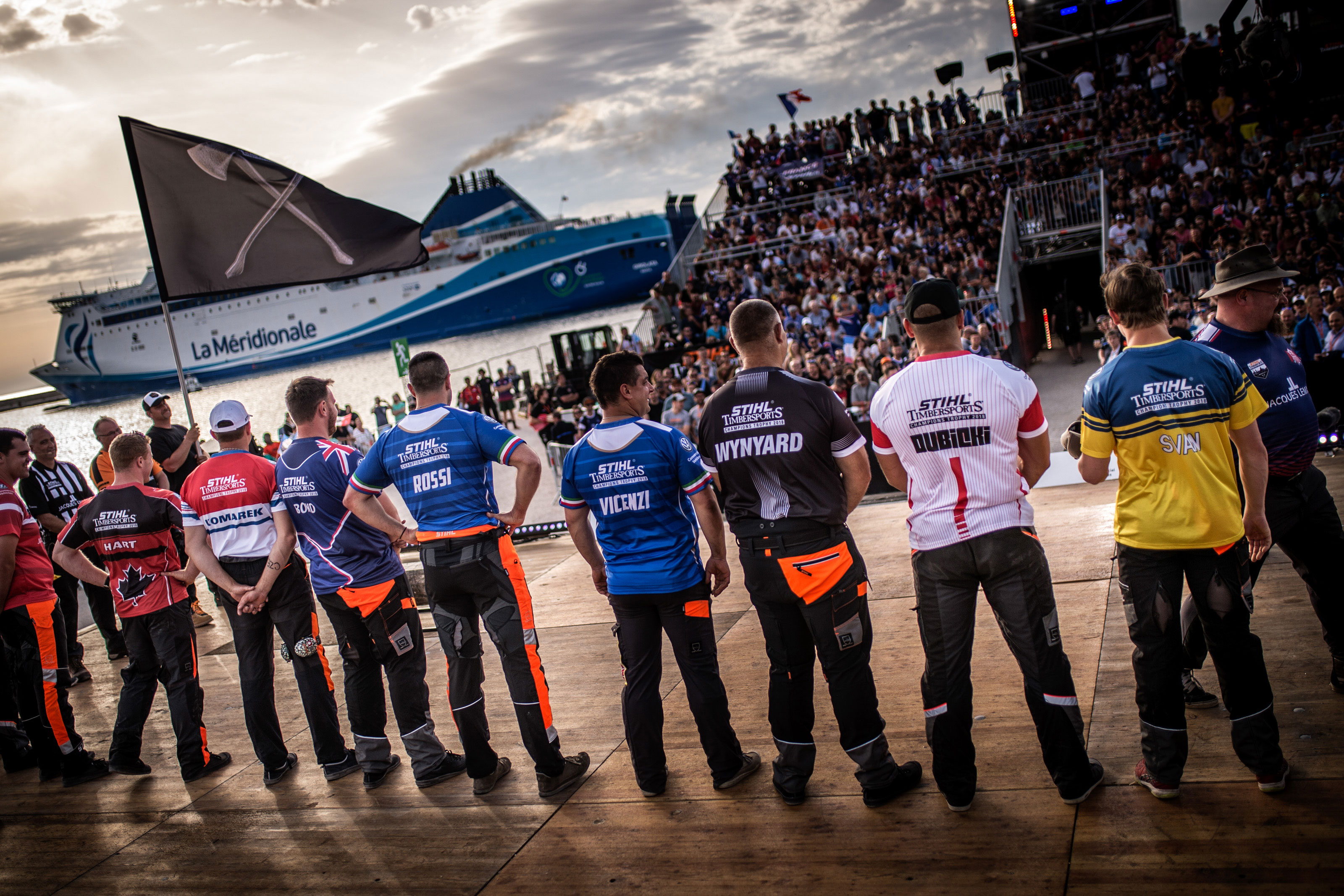 STIHL TIMBERSPORTS® athletes and fans outdoors at the 2018 Champions Trophy in the Old Port of Marseille in France.