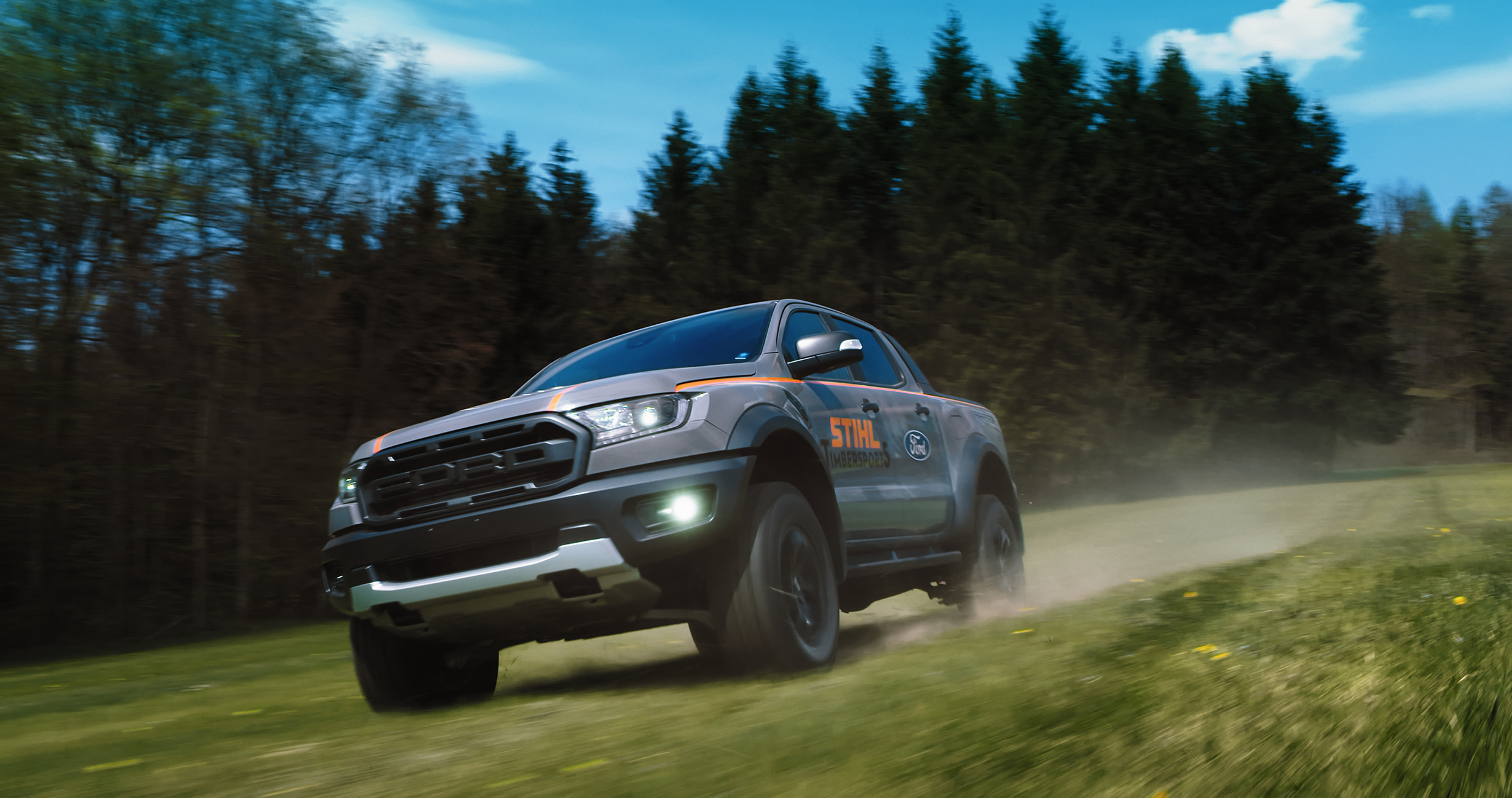 Ford Ranger Raptor in action with STIHL TIMBERSPORTS® branding