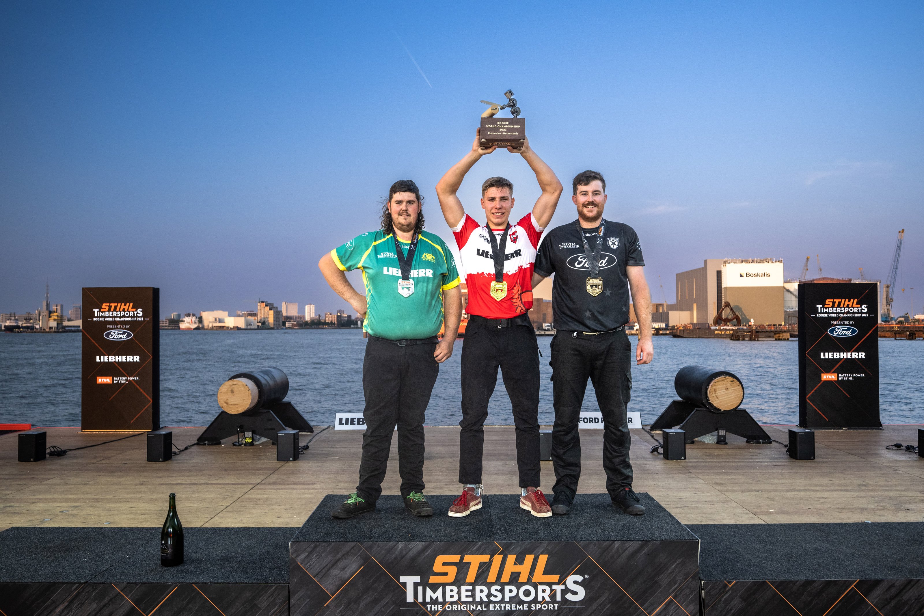 Poland's Szymon Groenwald (Centre), Curtis Bennett from Australia (L.) and Sam Bellamy from New Zealand (R.) placed on the podium at the 2023 Rookie World Championship.